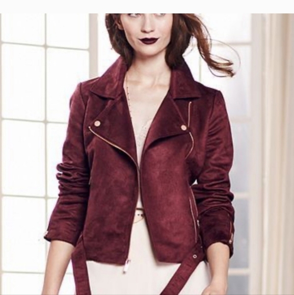 LC Lauren Conrad Runway collection Faux Suede Moto Jacket. Color Wine. Size 4 - Picture 1 of 15